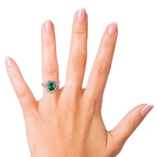 Emerald and Diamond Halo 18K Gold Ring