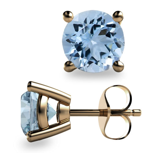 2ct Aquamarine Round Faceted 18K Gold Stud Earrings