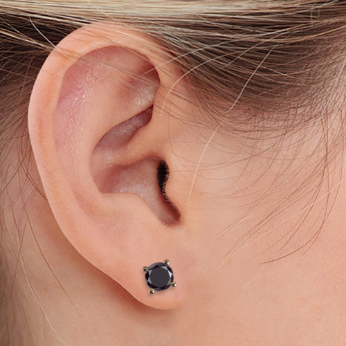 2ct Round Faceted Black Diamond 18K Gold Stud Earrings
