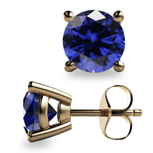 2ct Round Faceted Blue Sapphire 18K Gold Stud Earrings