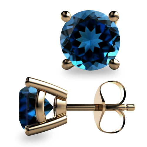 2ct Round Faceted London Blue Topaz 18K Gold Stud Earrings