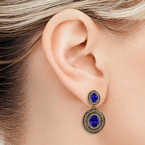 Oval Tanzanite and Diamond Halo 18k Gold Drop Earrings