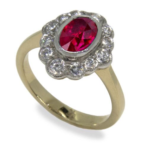 1.45ct Oval Ruby Diamond Halo 18K Gold Ring