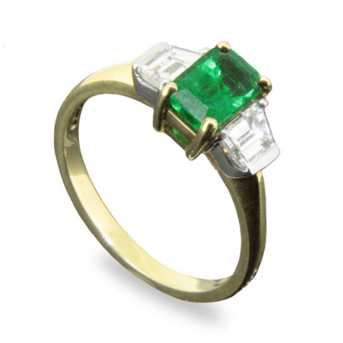 0.97ct Emerald & Tapered Baguette Diamond 18K Gold Ring