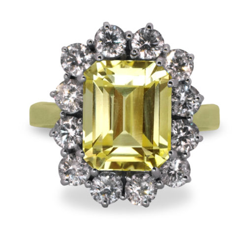 4ct Emerald Cut Yellow Sapphire 18K Gold Diamond Cluster Ring