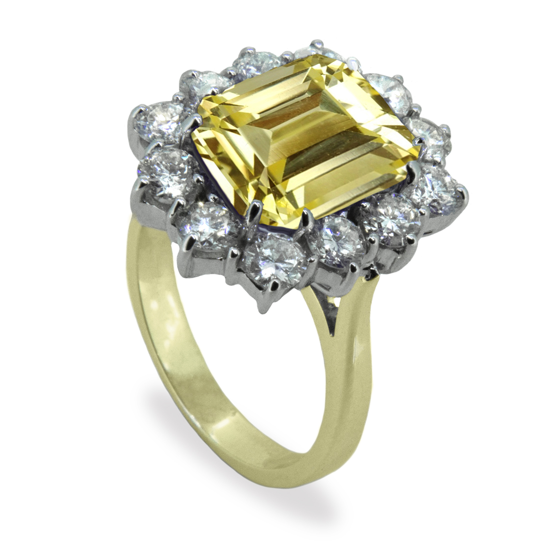 4ct Emerald Cut Yellow Sapphire 18K Gold Diamond Cluster Ring