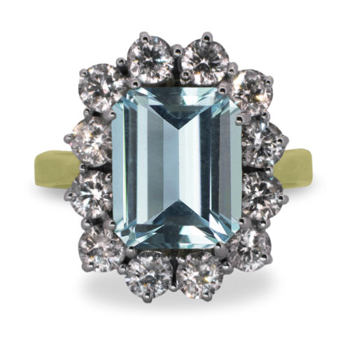 4ct Emerald Cut Aquamarine 18K Gold Diamond Cluster Ring