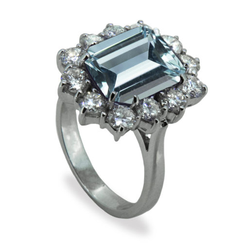 4ct Emerald Cut Aquamarine Platinum 950 Diamond Cluster Ring